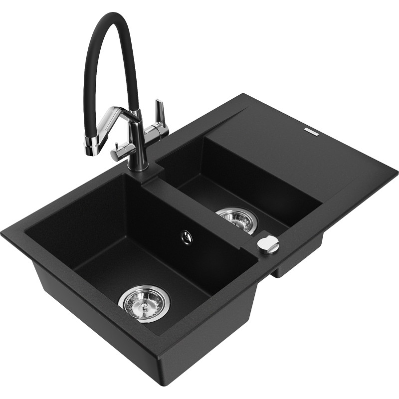 Mexen Gaspar granite kitchen sink 1.5-bowl with drainer and kitchen faucet Duo, black - 6507-77-671701-07