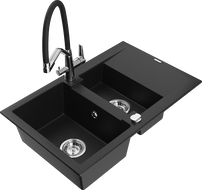 Mexen Gaspar granite sink 1.5-bowl with drainer and Duo kitchen tap, black - 6507-77-671701-07