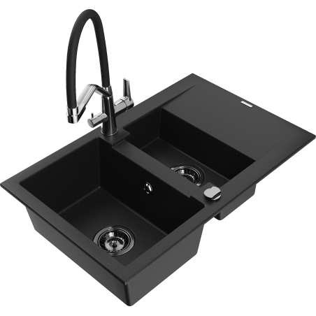 Mexen Gaspar 1.5-bowl granite kitchen sink with drainer and Duo kitchen faucet, black - 6507-77-671701-07-B