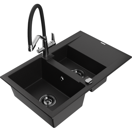 Mexen Gaspar granite sink 1.5-basin with drainer and Duo kitchen tap, black - 6507-77-671701-07-B