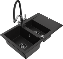 Mexen Gaspar 1.5-compartment granite sink with a drip tray and kitchen mixer tap Duo, Black - 6507-77-671701-07-B