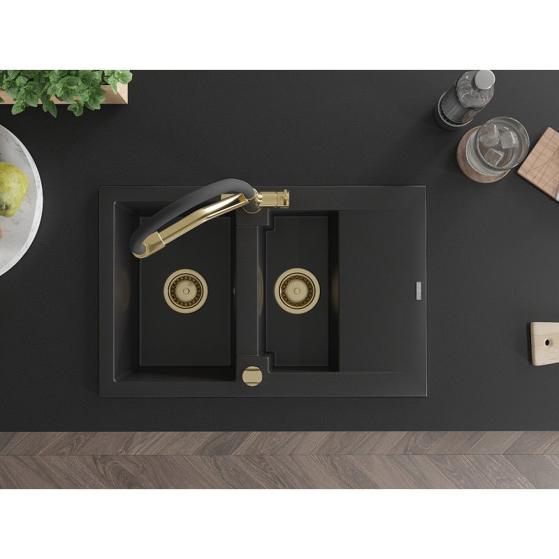 Mexen Gaspar granite sink 1.5-bowl with drainer and Duo kitchen tap, black - 6507-77-671701-57-G