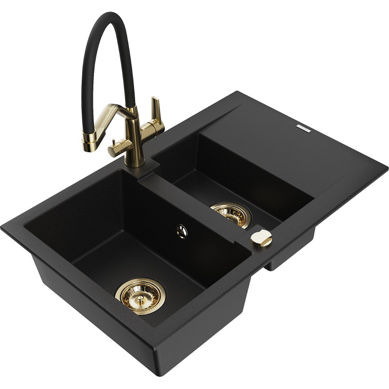 Mexen Gaspar 1.5-bowl granite sink with drainer and Duo kitchen faucet, black - 6507-77-671701-57-G