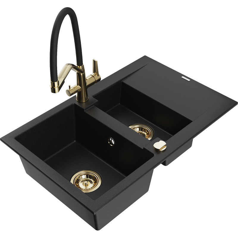 Mexen Gaspar granite sink 1.5-bowl with drainer and Duo kitchen tap, black - 6507-77-671701-57-G