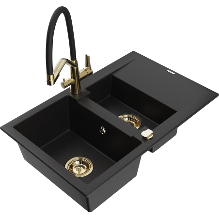 Mexen Gaspar granite sink 1.5-bowl with drainer and Duo kitchen faucet, black - 6507-77-671701-57-G
