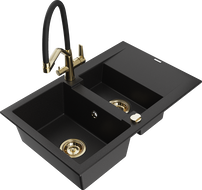 Mexen Gaspar 1.5-compartment granite sink with a drip tray and kitchen mixer tap Duo, Black - 6507-77-671701-57-G