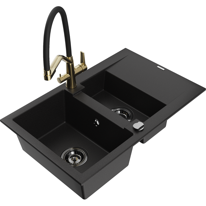 Mexen Gaspar granite sink 1.5-bowl with drainer and Duo kitchen tap, black - 6507-77-671701-57-B