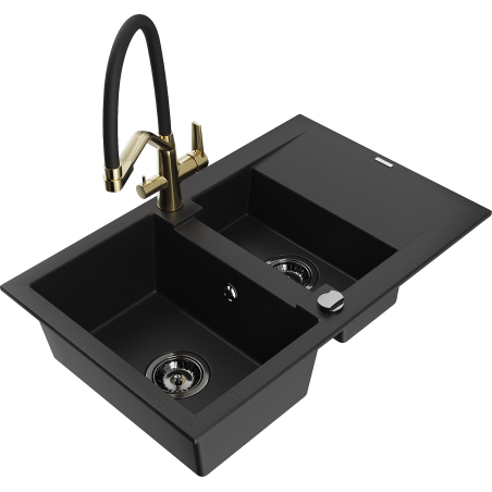 Mexen Gaspar 1.5-compartment granite sink with a drip tray and kitchen mixer tap Duo, Black - 6507-77-671701-57-B