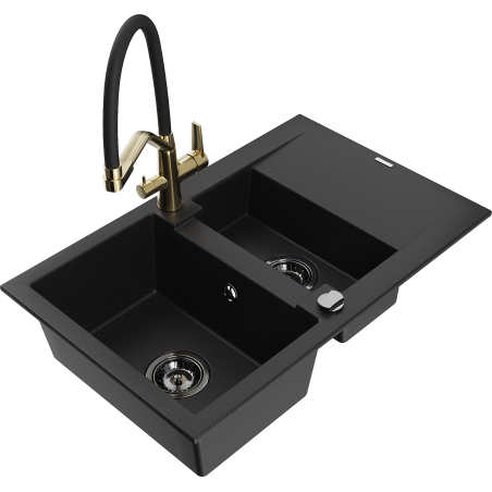 Mexen Gaspar granite sink 1.5-bowl with drainer and Duo kitchen tap, black - 6507-77-671701-57-B