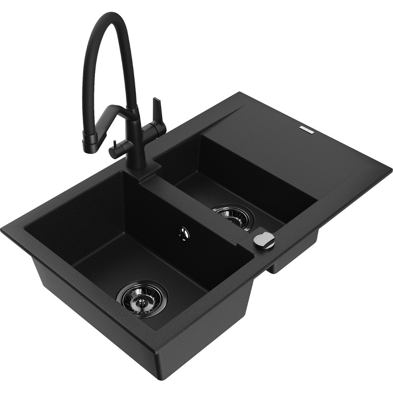 Mexen Gaspar 1.5-bowl black granite sink with drainer and Duo kitchen faucet - 6507-77-671701-70-B