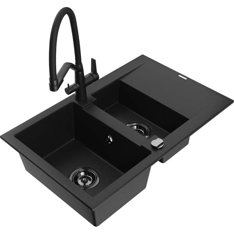 Mexen Gaspar 1.5-compartment granite sink with a drip tray and kitchen mixer tap Duo, Black - 6507-77-671701-70-B
