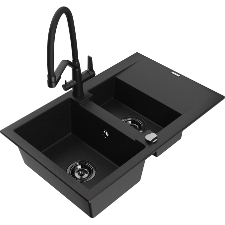 Mexen Gaspar 1.5-compartment granite sink with a drip tray and kitchen mixer tap Duo, Black - 6507-77-671701-70-B