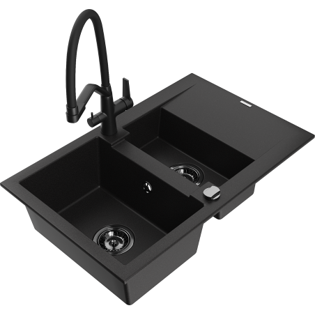 Mexen Gaspar granite sink 1.5-bowl with drainer and Duo kitchen faucet, black - 6507-77-671701-70-B