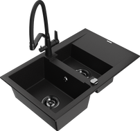 Mexen Gaspar 1.5-compartment granite sink with a drip tray and kitchen mixer tap Duo, Black - 6507-77-671701-70-B