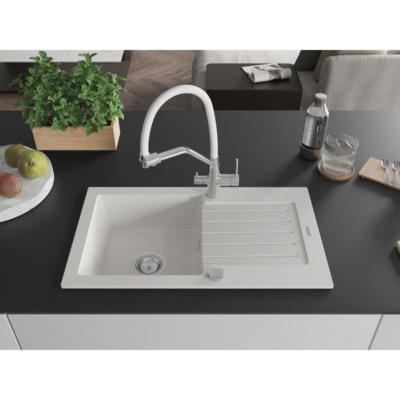 Mexen Pablo granite single-bowl sink with drainer and Duo kitchen tap, white - 6510-20-671701-02