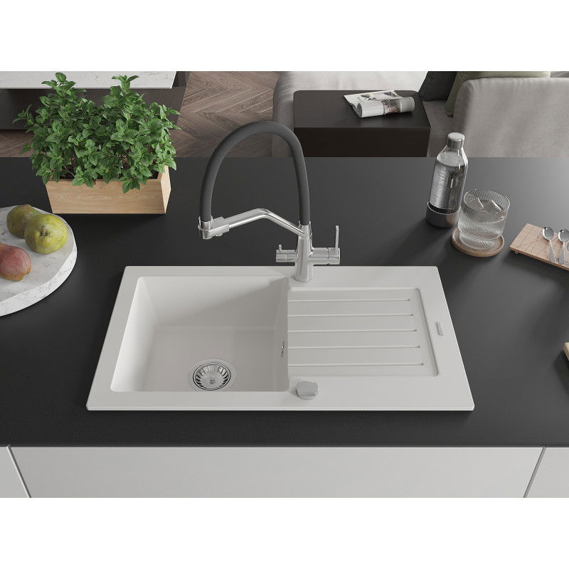 Mexen Pablo granite single-bowl sink with drainer and Duo kitchen tap, white - 6510-20-671701-07