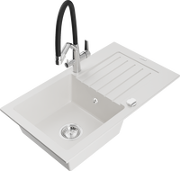 Mexen Pablo granite single-bowl sink with drainer and Duo kitchen tap, white - 6510-20-671701-07