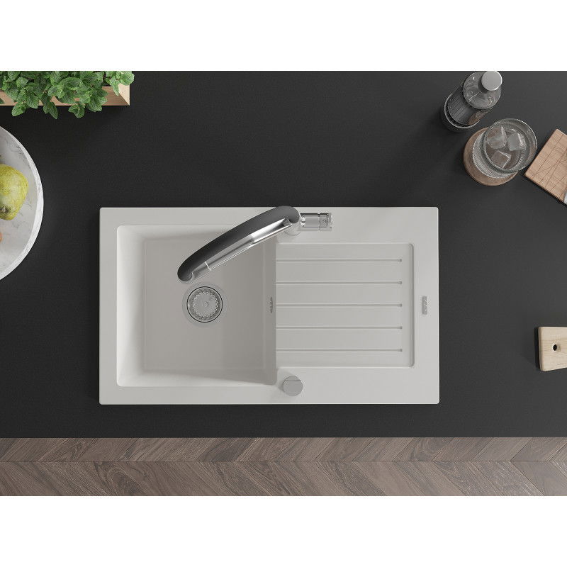 Mexen Pablo granite single-bowl sink with drainer and Duo kitchen tap, white - 6510-20-671701-07