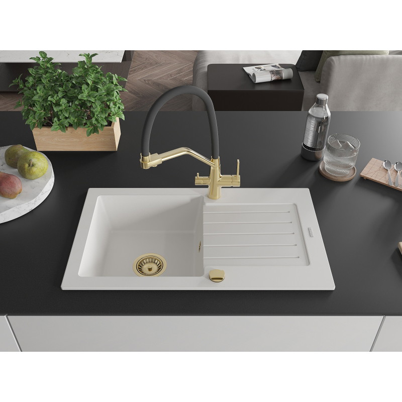 Mexen Pablo single-bowl granite sink with drainer and Duo kitchen faucet, white - 6510-20-671701-57-G