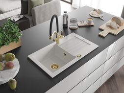Mexen Pablo 1-compartment granite sink with a drip tray and kitchen mixer tap Duo, white - 6510-20-671701-57-G