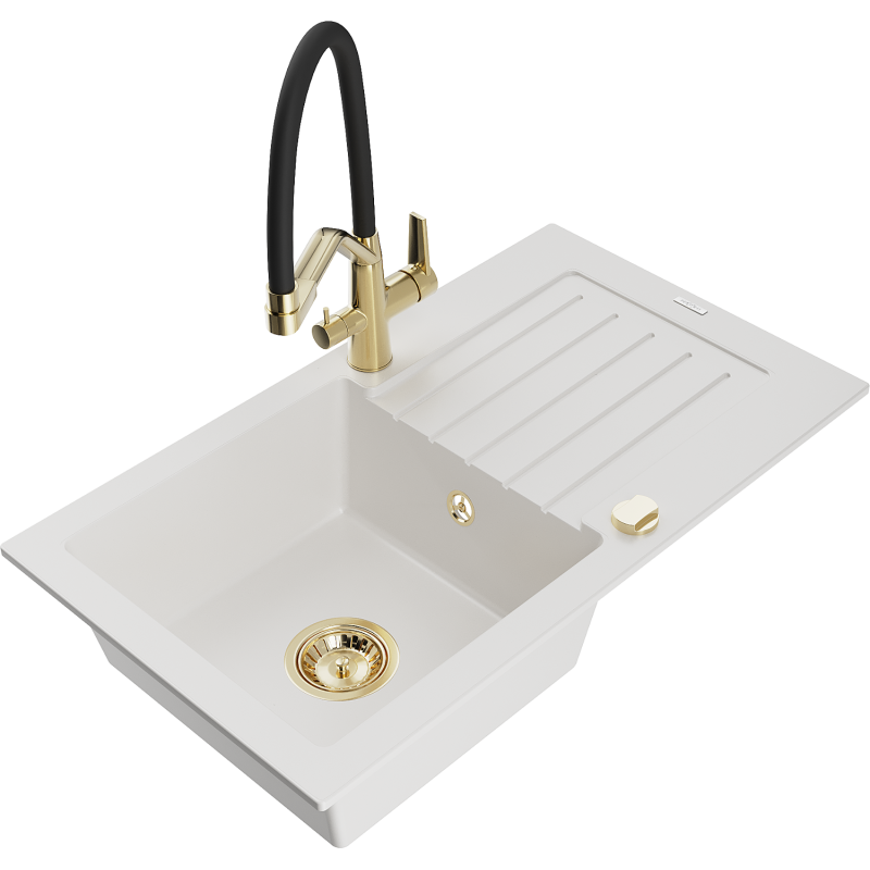 Mexen Pablo granite sink 1-bowl with drainer and kitchen tap Duo, white - 6510-20-671701-57-G