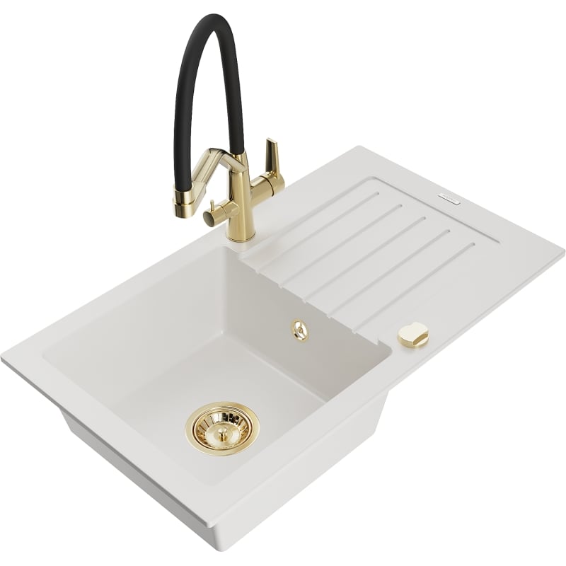 Mexen Pablo single-bowl granite sink with drainboard and Duo kitchen faucet, white - 6510-20-671701-57-G