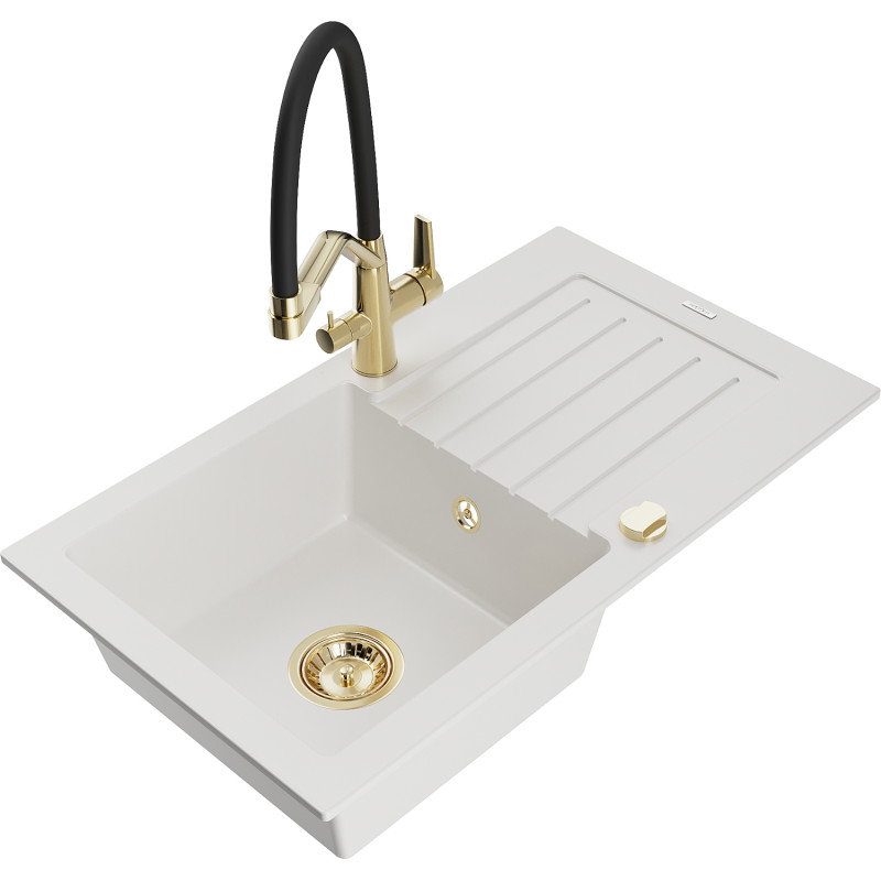 Mexen Pablo single-bowl granite sink with drainer and Duo kitchen faucet, white - 6510-20-671701-57-G