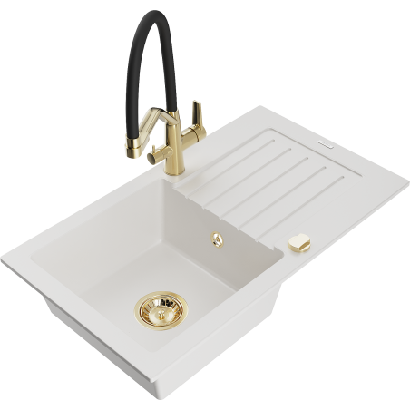 Mexen Pablo 1-compartment granite sink with a drip tray and kitchen mixer tap Duo, white - 6510-20-671701-57-G