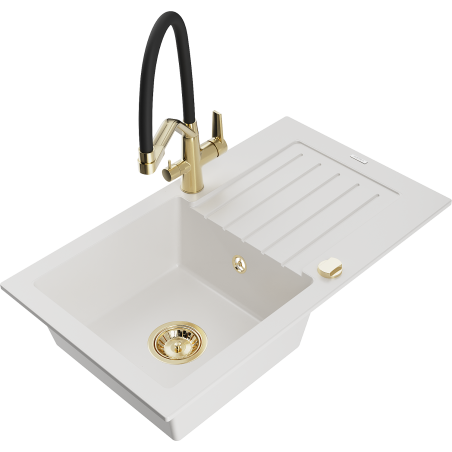 Mexen Pablo single-bowl granite sink with drainer and Duo kitchen faucet, white - 6510-20-671701-57-G