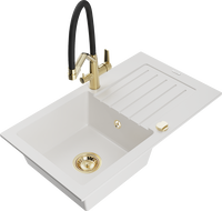 Mexen Pablo 1-compartment granite sink with a drip tray and kitchen mixer tap Duo, white - 6510-20-671701-57-G