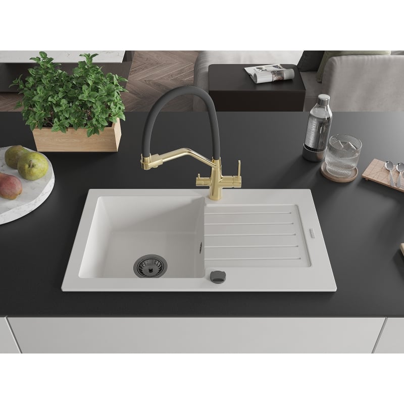Mexen Pablo granite sink 1-bowl with drainer and kitchen faucet Duo, white - 6510-20-671701-57-B