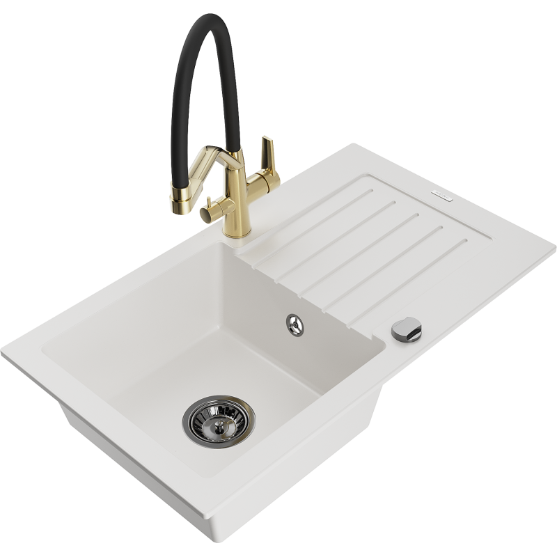 Mexen Pablo 1-bowl granite sink with drainer and Duo kitchen tap, white - 6510-20-671701-57-B