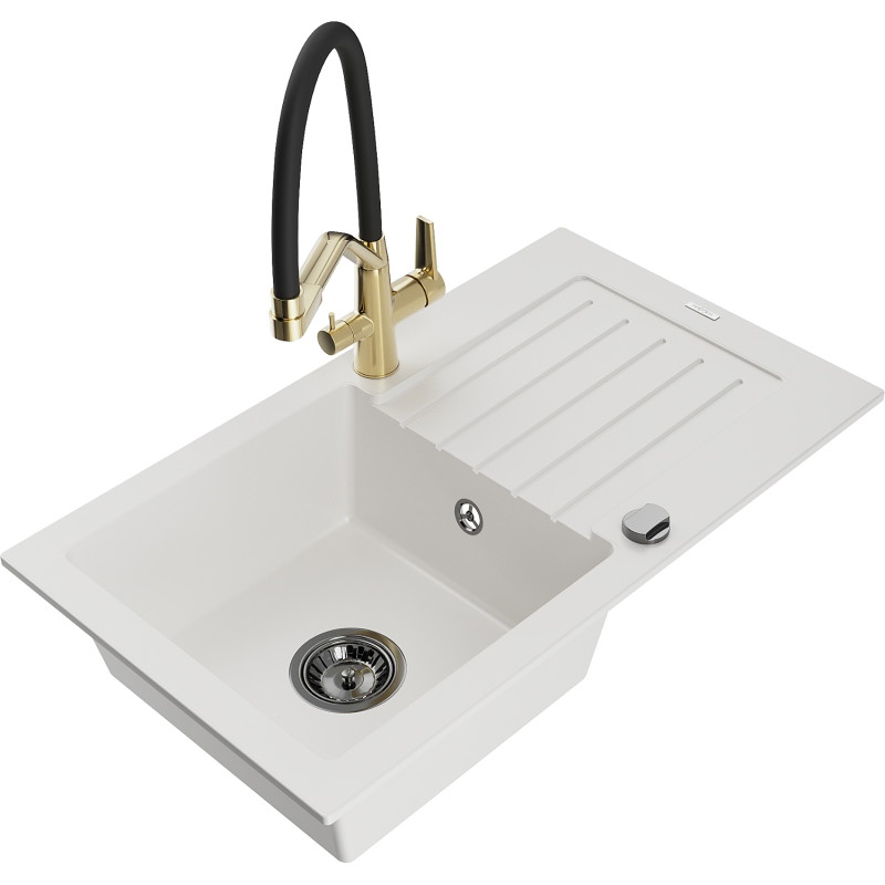 Mexen Pablo granite sink 1-bowl with drainer and kitchen faucet Duo, white - 6510-20-671701-57-B