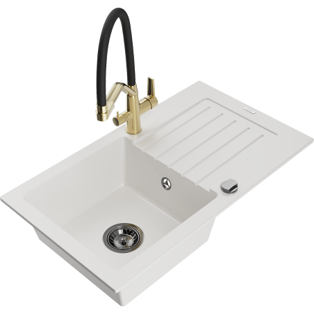 Mexen Pablo 1-bowl granite sink with drainer and Duo kitchen tap, white - 6510-20-671701-57-B