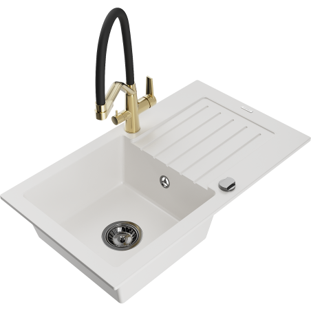 Mexen Pablo Granite Kitchen Sink 1-Bowl with Drainer and Kitchen Faucet Duo, White - 6510-20-671701-57-B