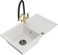 Mexen Pablo Granite Kitchen Sink 1-Bowl with Drainer and Kitchen Faucet Duo, White - 6510-20-671701-57-B