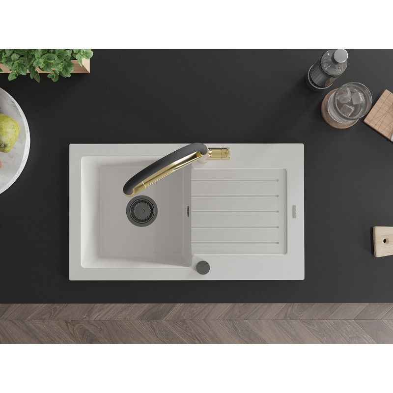 Mexen Pablo 1-bowl granite sink with drainer and Duo kitchen tap, white - 6510-20-671701-57-B