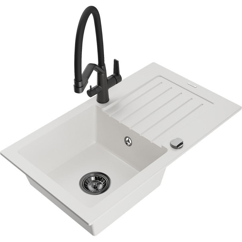Mexen Pablo 1-bowl granite sink with drainer and Duo kitchen faucet, white - 6510-20-671701-70-B