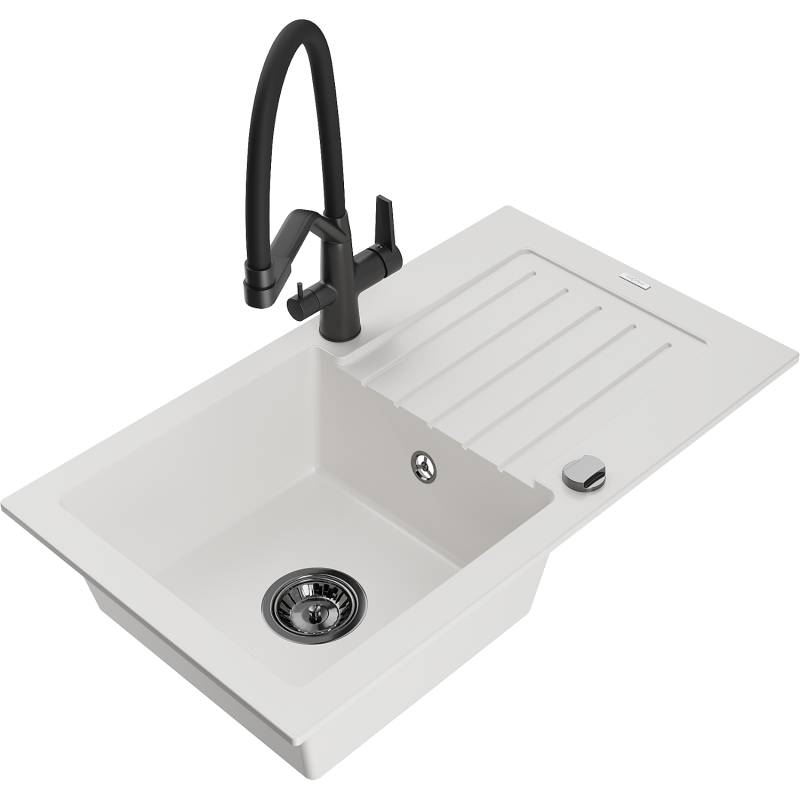 Mexen Pablo 1-compartment granite sink with a drip tray and kitchen mixer tap Duo, white - 6510-20-671701-70-B