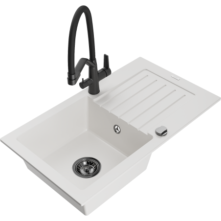 Mexen Pablo granite sink 1-bowl with drainer and Duo kitchen faucet, white - 6510-20-671701-70-B