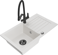 Mexen Pablo granite sink 1-bowl with drainer and Duo kitchen faucet, white - 6510-20-671701-70-B