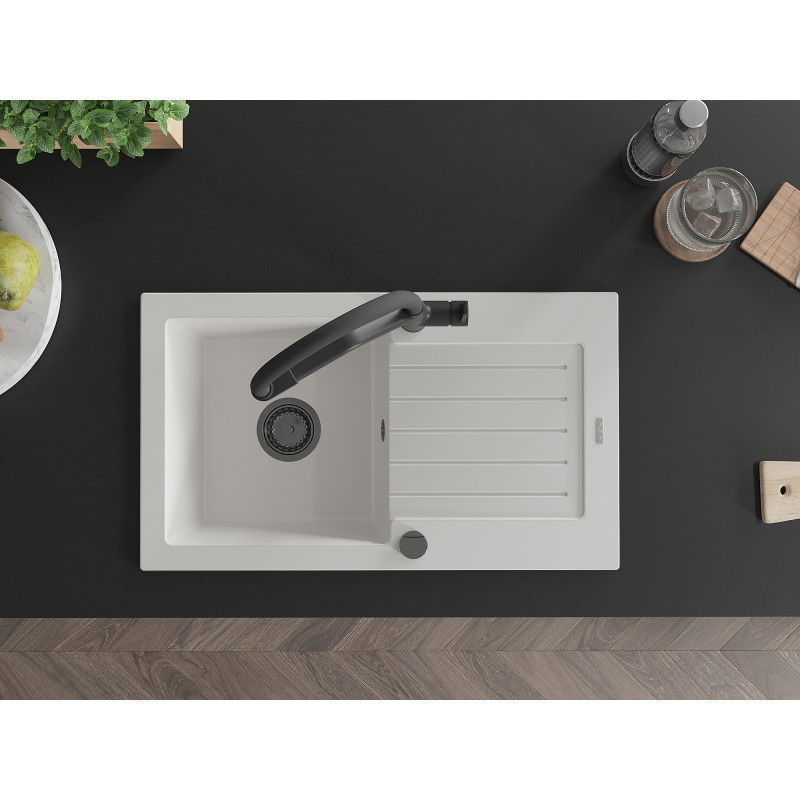 Mexen Pablo 1-bowl granite sink with drainer and Duo kitchen tap, white - 6510-20-671701-70-B