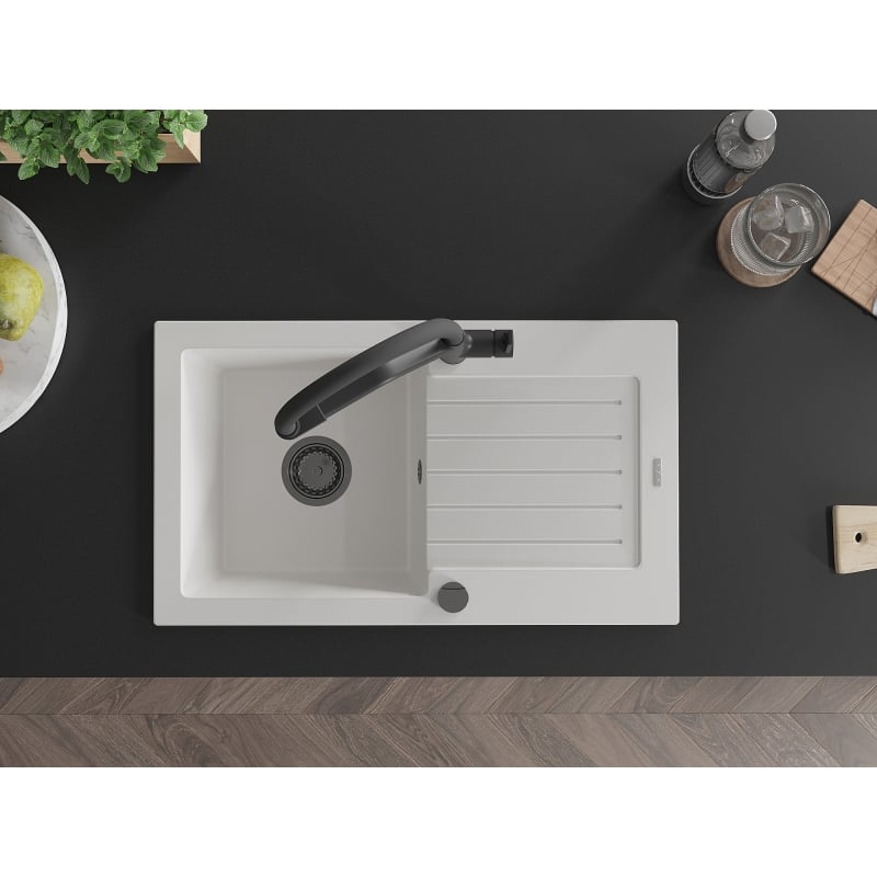 Mexen Pablo granite sink 1-bowl with drainer and Duo kitchen faucet, white - 6510-20-671701-70-B