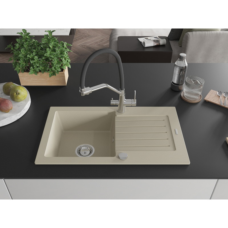 Mexen Pablo 1-bowl granite sink with drainer and Duo kitchen faucet, beige - 6510-69-671701-07