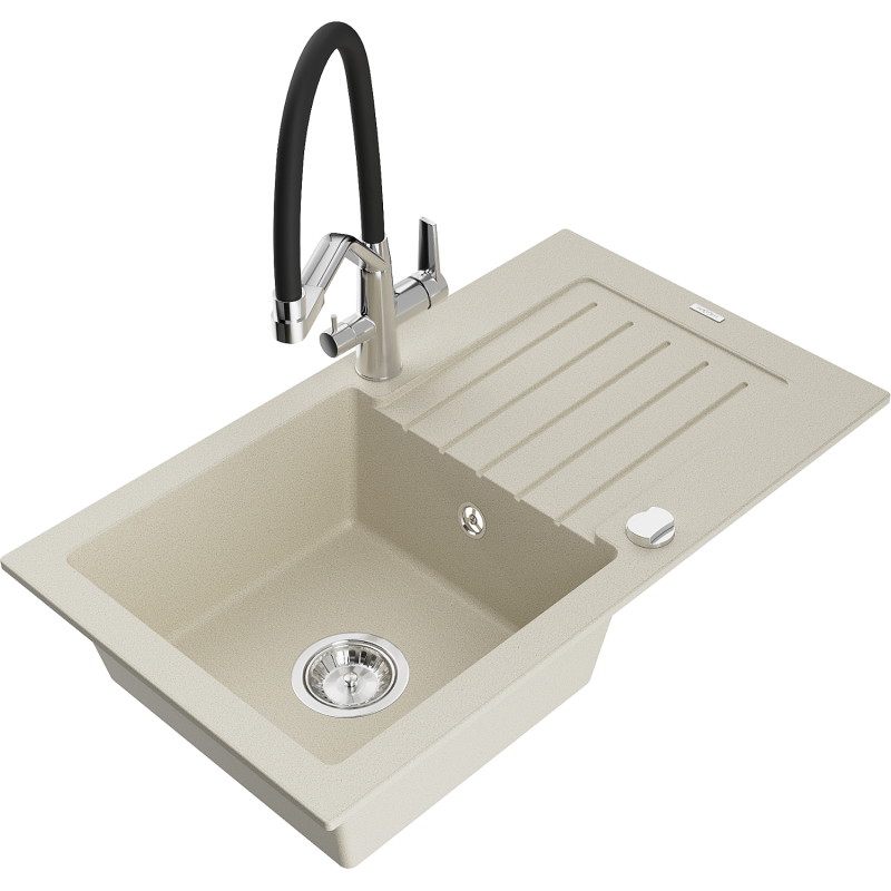 Mexen Pablo granite sink 1-bowl with drainer and Duo kitchen faucet, beige - 6510-69-671701-07