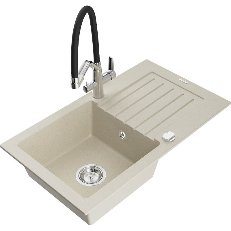 Mexen Pablo granite sink with 1 bowl and drainer and Duo kitchen tap, beige - 6510-69-671701-07