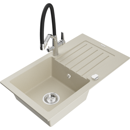 Mexen Pablo 1-bowl granite sink with drainer and Duo kitchen faucet, beige - 6510-69-671701-07