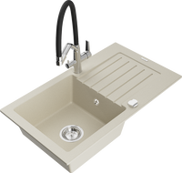Mexen Pablo 1-compartment granite sink with a drip tray and kitchen mixer tap Duo, Beige - 6510-69-671701-07