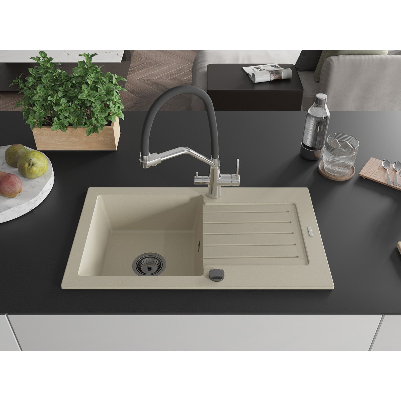 Mexen Pablo 1-bowl granite sink with drainer and Duo kitchen faucet, beige - 6510-69-671701-07-B