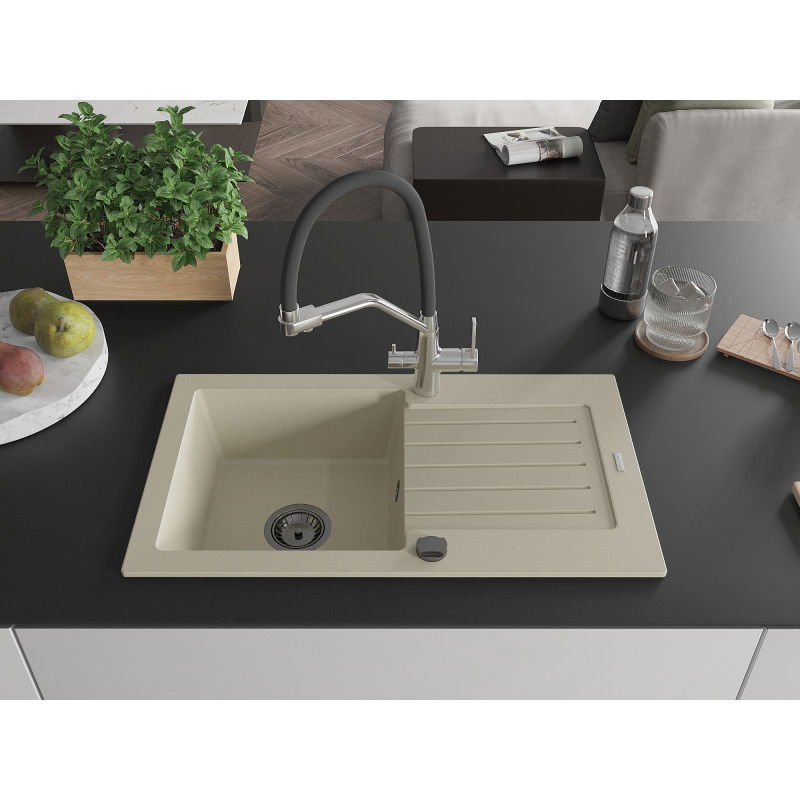 Mexen Pablo single-bowl granite sink with drainer and Duo kitchen tap, beige - 6510-69-671701-07-B